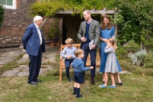 Copyright: Duke and Duchess of Cambridge. NEWS EDITORIAL USE ONLY. NO COMMERCIAL USE. NO MERCHANDISING, ADVERTISING, SOUVENIRS, MEMORABILIA or COLOURABLY SIMILAR. NOT FOR USE AFTER 31 DECEMBER, 2020, WITHOUT PRIOR PERMISSION FROM KENSINGTON PALACE. This photograph is provided to you strictly on condition that you will make no charge for the supply, release or publication of it and that these conditions and restrictions will apply (and that you will pass these on) to any organisation to whom you supply it. There shall be no commercial use whatsoever of the photographs (including by way of example only) any use in merchandising, advertising or any other non-news editorial use. The photographs must not be digitally enhanced, manipulated or modified in any manner or form and must include all of the individuals in the photograph when published. All other requests for use should be directed to the Press Office at Kensington Palace in writing. MANDATORY CREDIT: Kensington Palace. The Duke and Duchess of Cambridge, Prince George (seated), Princess Charlotte and Prince Louis with Sir David Attenborough in the gardens of Kensington Palace in London after The Duke and Sir David attended an outdoor screening of Sir David's upcoming feature film. (Photo by Kensington Palace/PA Images via Getty Images)