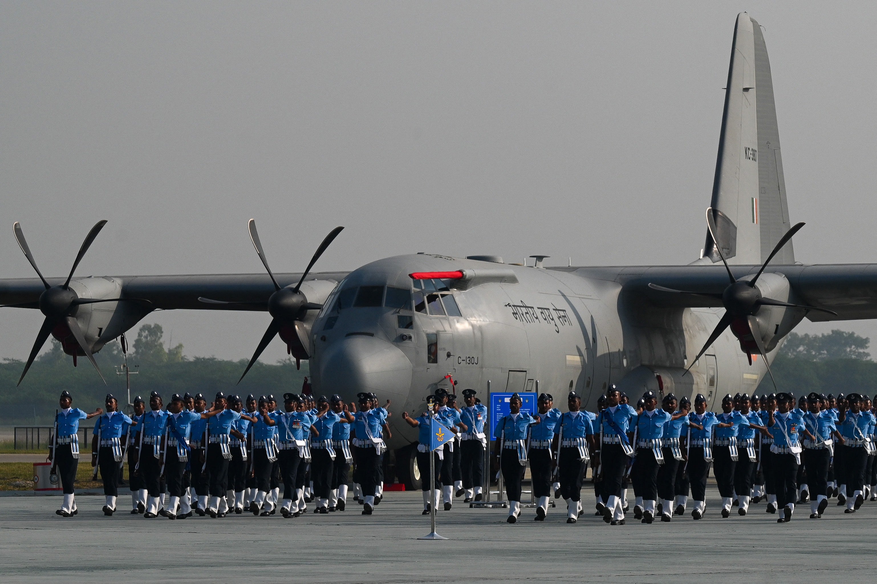 Indian Air Force (IAF) soldiers march at Hindon Air Force station in Ghaziabad