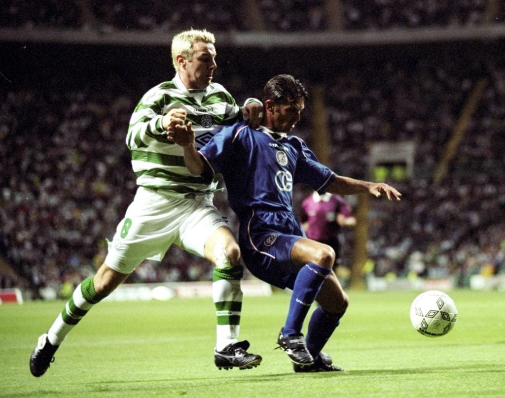 12 Aug 1998: Goran Juric of Croatia Zagreb is challenged by Craig Burley of Celtic during the Champions League Qualification match at Park Head Stadium in Glasgow, Scotland. Celtic won the game 1-0. Mandatory Credit: Clive Brunskill /Allsport