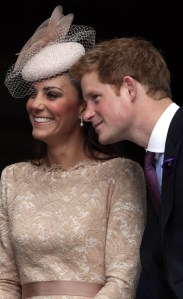 LONDON, ENGLAND - JUNE 05:  Catherine, Duchess of Cambridge and Prince Harry smile as the leave a Service Of Thanksgiving at St Paul's Cathedral on June 5, 2012 in London, England. For only the second time in its history the UK celebrates the Diamond Jubilee of a monarch. Her Majesty Queen Elizabeth II celebrates the 60th anniversary of her ascension to the throne. Thousands of wellwishers from around the world have flocked to London to witness the spectacle of the weekend's celebrations.  (Photo by Matt Cardy/Getty Images)
