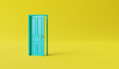 The closed turquoise door on a yellow background. The concept of making decisions, entering new places, crossing borders. 3d render, 3d illustration