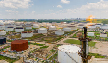 An aerial view of oil storage containers at Chevron’s Pasadena refinery in Texas. Credit: Brandon Bell/Getty Images