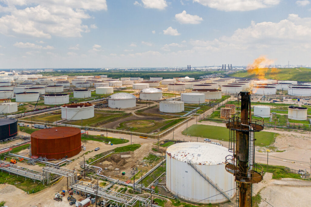 An aerial view of oil storage containers at Chevron’s Pasadena refinery in Texas. Credit: Brandon Bell/Getty Images