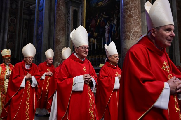 Cardinals attend a mass at St Peter's Basilica in the Vatican on Friday. 