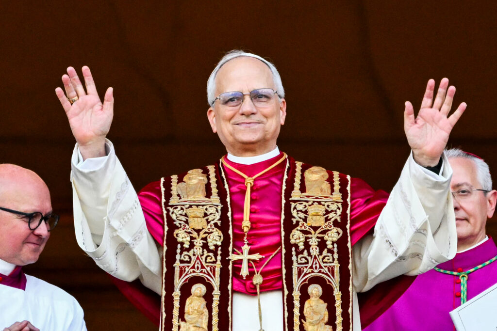 Newly elected Pope Leo XIV arrives on the central balcony of Saint Peter’s Basilica for the first time after the cardinals ended the conclave in the Vatican on May 8. Credit: Alberto Pizzoli/AFP via Getty Images