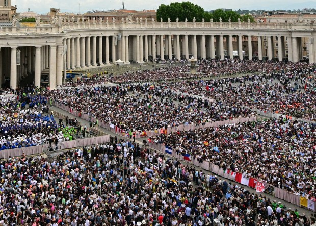 Faithful gather in St Peter's square as Pope Leo XIV leads the Regina Caeli prayer on Sunday.