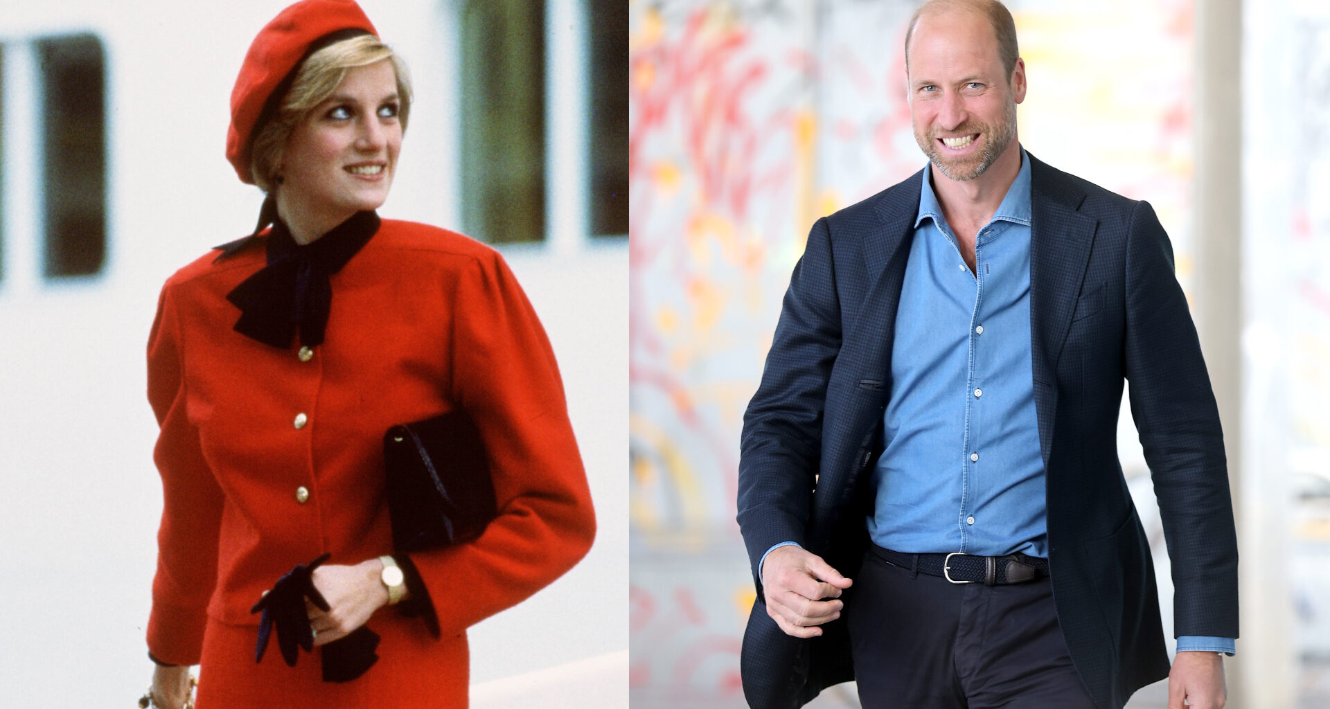 Princess Diana wearing a red suit next to a photo of Prince William walking wearing a blue shirt and navy suit