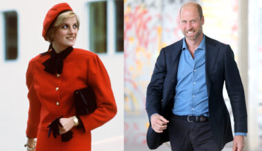 Princess Diana wearing a red suit next to a photo of Prince William walking wearing a blue shirt and navy suit