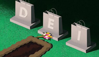 Three gray shopping bags labeled "D," "E," and "I" stand upright by a grave with a bouquet of flowers placed in front of them on green grass.
