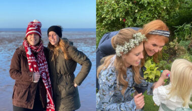 A collage with Princess Eugenie and Princess Beatrice smiling on the beach in winter coats on the left and Princess Beatrice and Sarah Ferguson wearing blue dresses and smiling at Sienna Mapelli Mozzi on the right