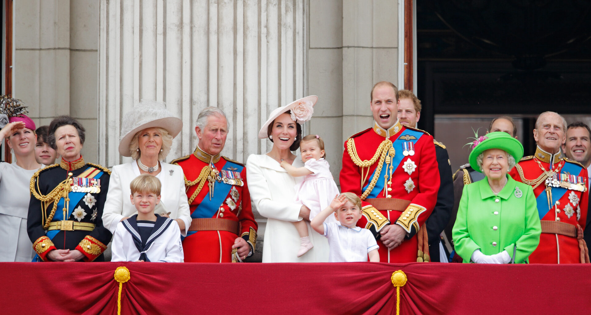 Zara Tindall, Princess Anne, Queen Camilla, Princess Kate, King Charles, Queen Elizabeth on the balcony at Buckingham Palace in 2016
