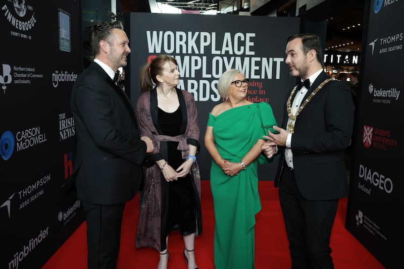 Chris Sherrard, Editor-In-Chief, The Irish News, Caoimhe Archibald, Minister for the Economy, Sinead Cavanagh, Deputy Chief Executive Officer, The Irish News and  Belfast Lord Mayor Micky Murray pictured at The Irish New Employment Awards at Titanic Belfast. Photo by Kelvin Boyes / Press Eye.