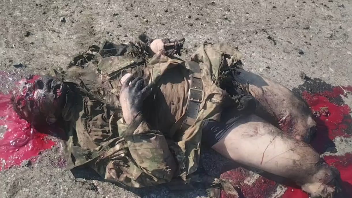 Russian picked up a booby trapped medical kit and paid the price. Very NSFW
