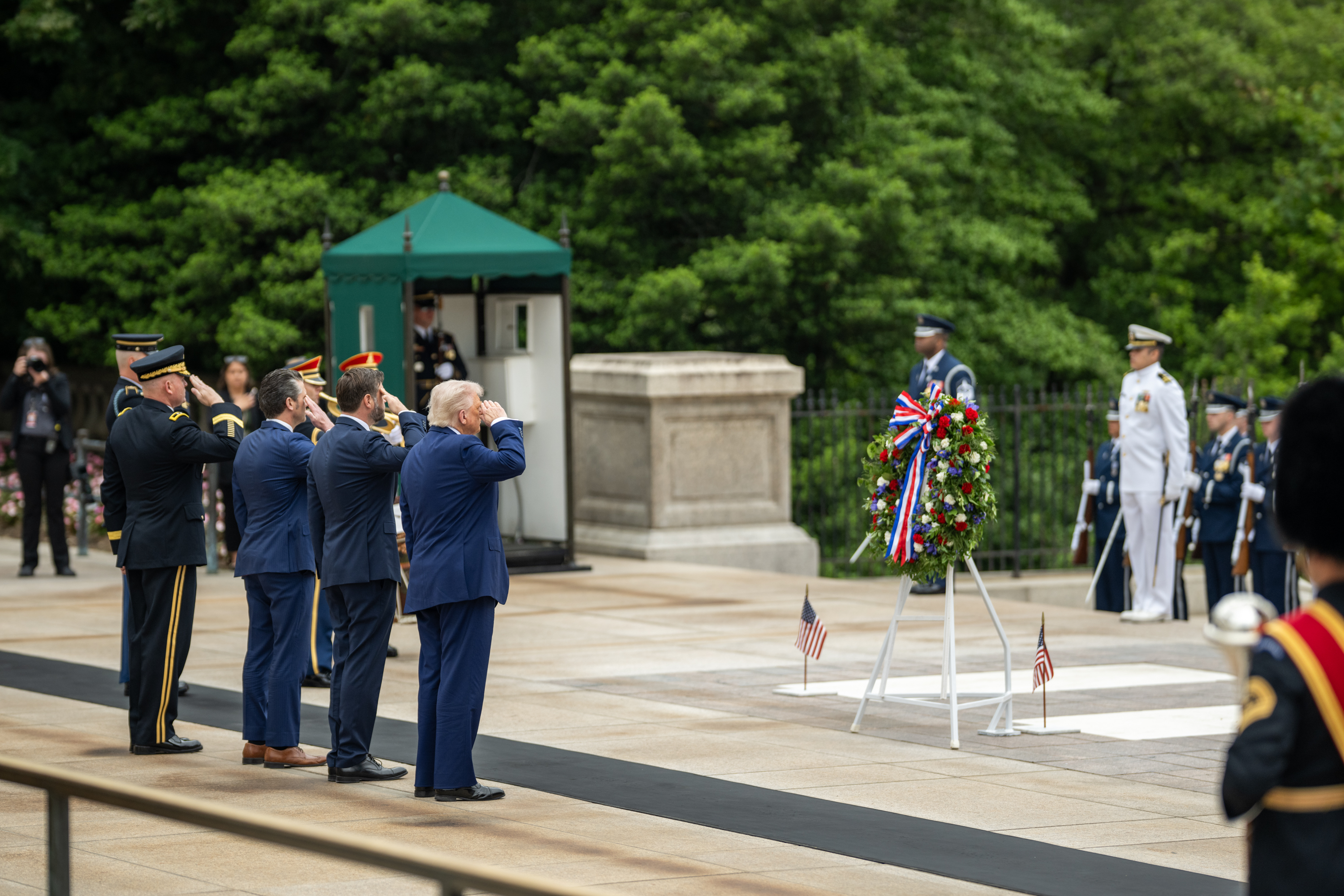 President Donald Trump, Vice President JD Vance, and Secretary of Defense Pete Hegseth participate in a wreath-laying ceremony at the Tomb of the Unknown Soldier on Memorial Day, Monday, May 26, 2026, at Arlington National Cemetery in Arlington, Virginia. (Official White House Photo by Daniel Torok)