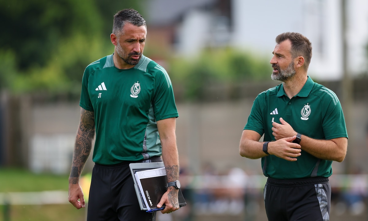 Standard's assistant coach Jeremy Taravel and Standard's head coach Ivan Leko pictured before a friendly soccer game between amateur club Aubel FC and 1st division team Standard de Liege, Saturday 29 June 2024 in Aubel, in preparation of the upcoming 2024-2025 season of the Jupiler Pro League. BELGA PHOTO VIRGINIE LEFOUR