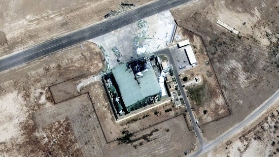 This satellite image provided by Maxar Technologies shows a damaged structure from a military strike at Bholari Air Base in Northern Thatta district, Pakistan, on May 11, 2025. (AP)