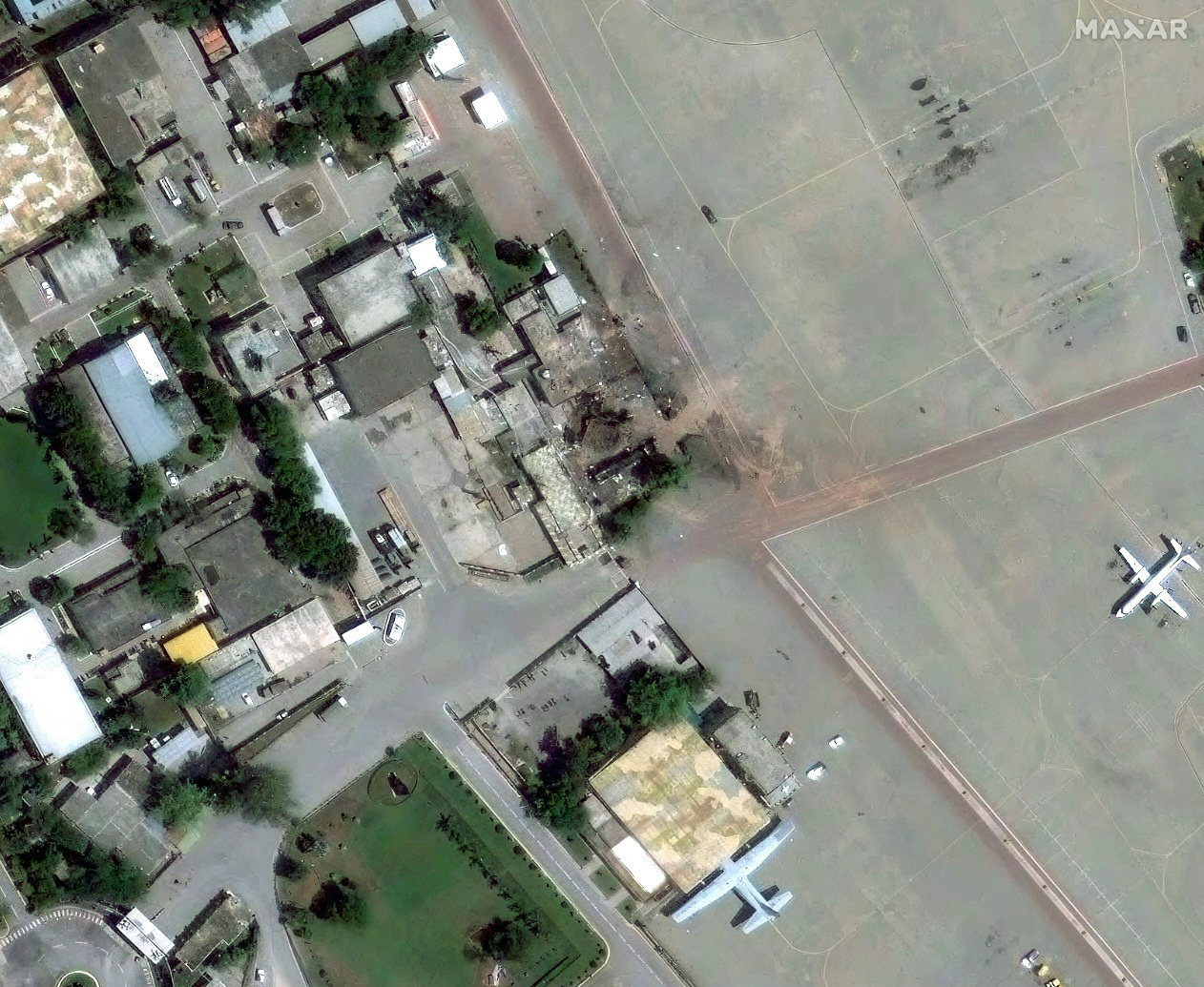 This satellite image provided by Maxar Technologies shows Nur Khan Air Base with damaged buildings after a strike during hostilities with India in Rawalpindi, Pakistan, on May 10, 2025. (AP)