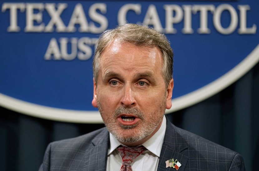 FILE - Texas State Sen. Bryan Hughes, R-Mineola, speaks during a news conference at the...