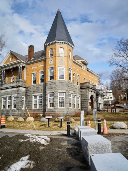 Granite blocks mark the border between Canada and the United States, on one side of the Haskell Library and Opera House, which lies between the two countries.