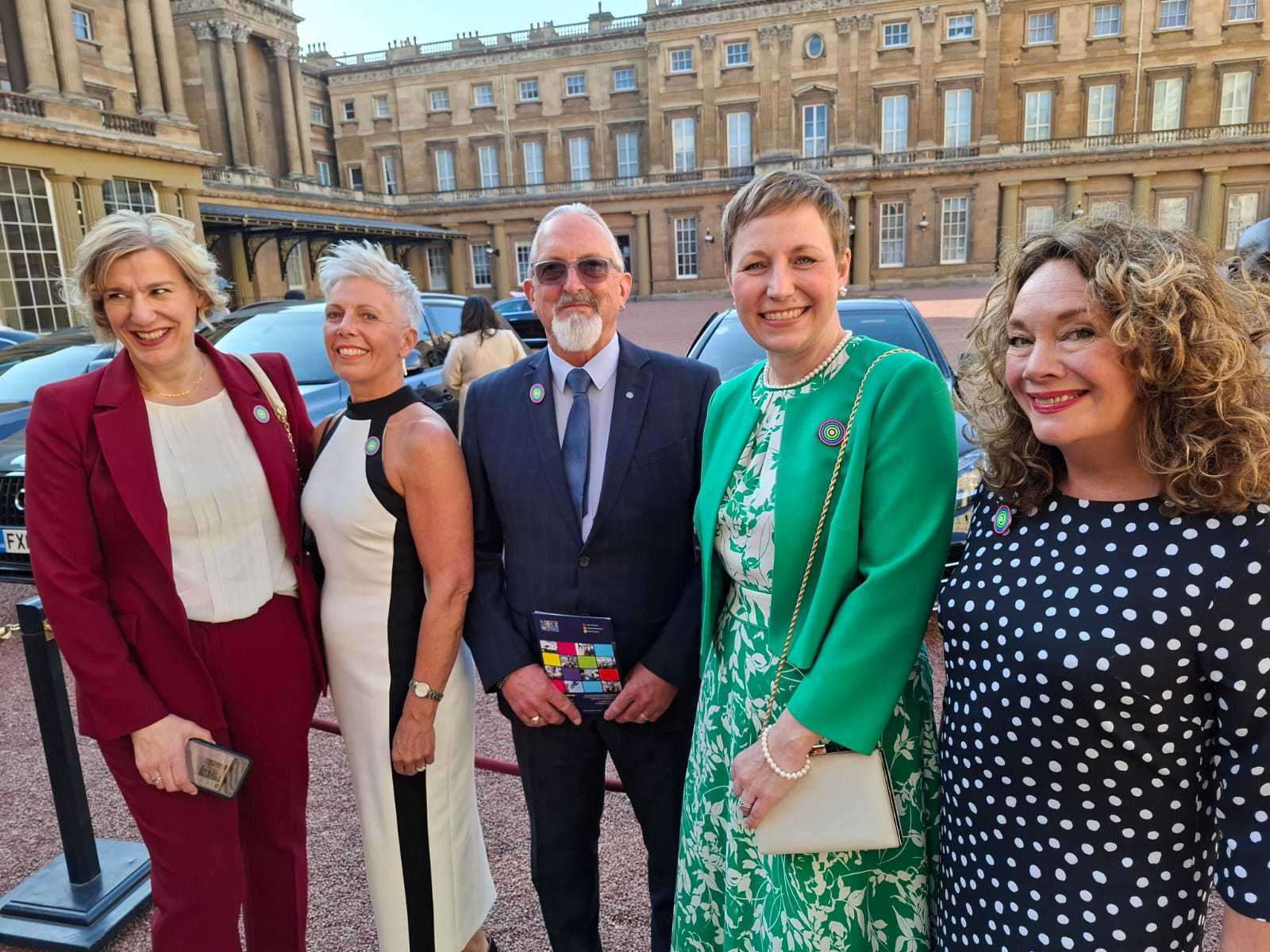 Reception for Hope for Tomorrow at Buckingham Palace. From left: CEO Tina Seymour; operations co-ordinator Jayne Foster; cancer care unit driver Bryan Baird; former patient Rachel Mann; and high value partnership manager Emma Bowles. Picture supplied by Hope for Tomorrow.