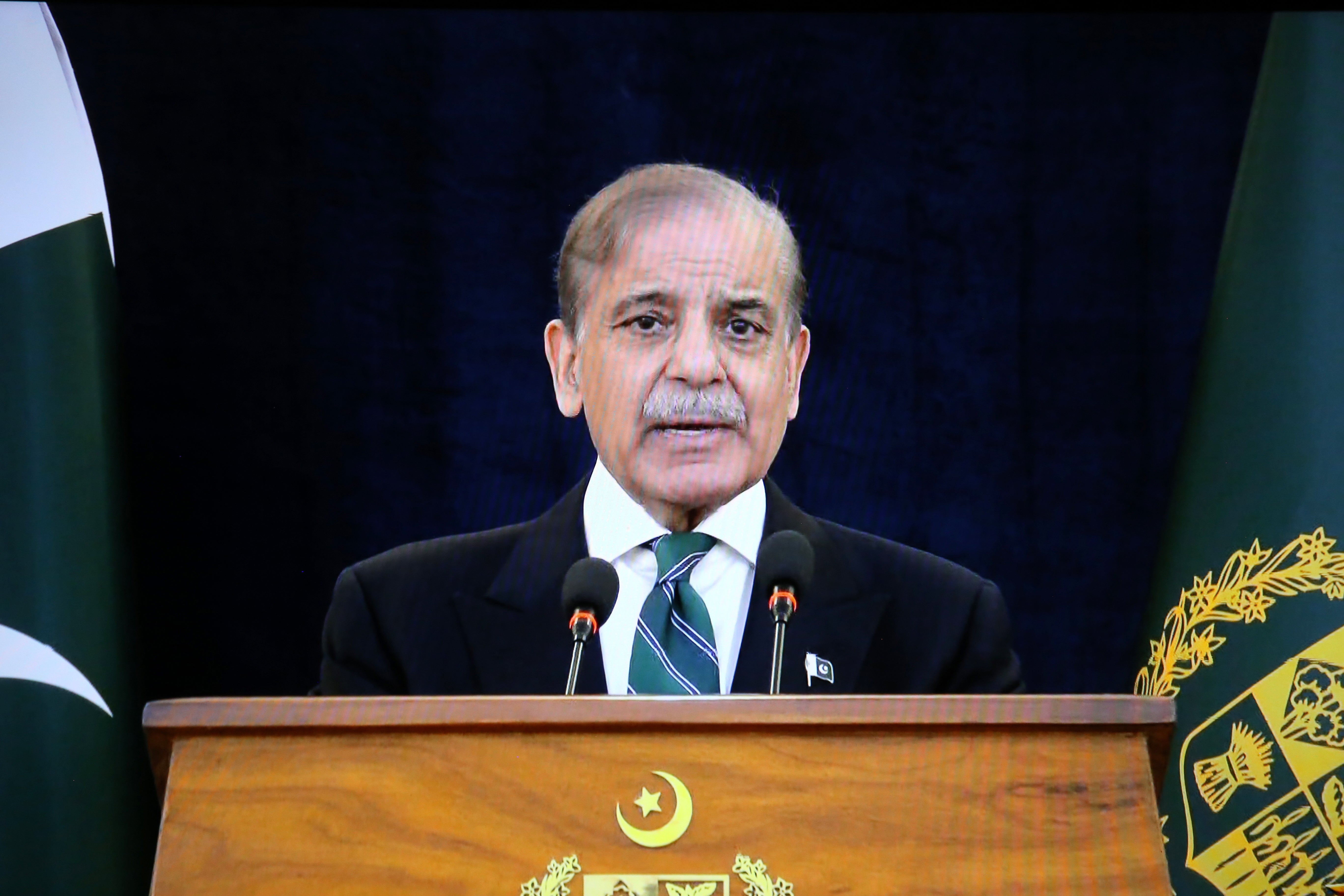 Pakistani Prime Minister Shehbaz Sharif addresses the nation on TV following the ceasefire agreement