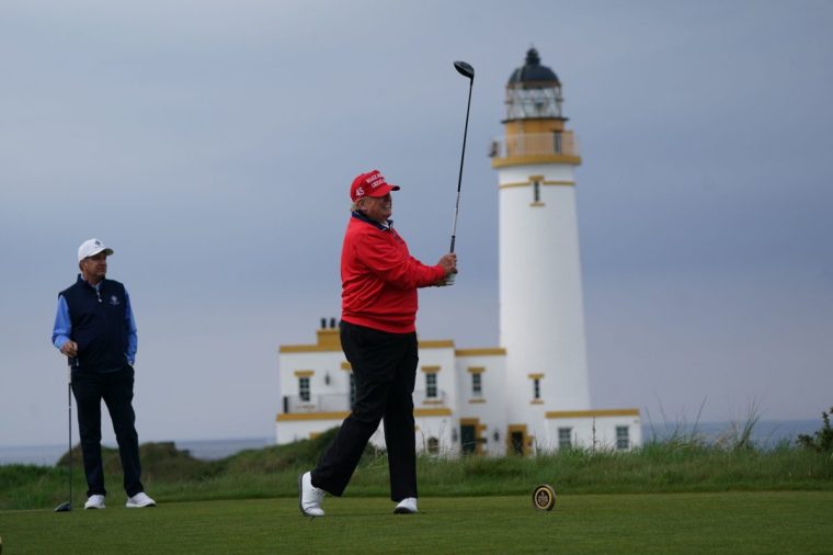 Former US president Donald Trump playing golf at his Trump Turnberry course in South Ayrshire during his visit to the UK. Picture date: Wednesday May 3, 2023. PA Photo. See PA story POLITICS Trump. Photo credit should read: Andrew Milligan/PA Wire