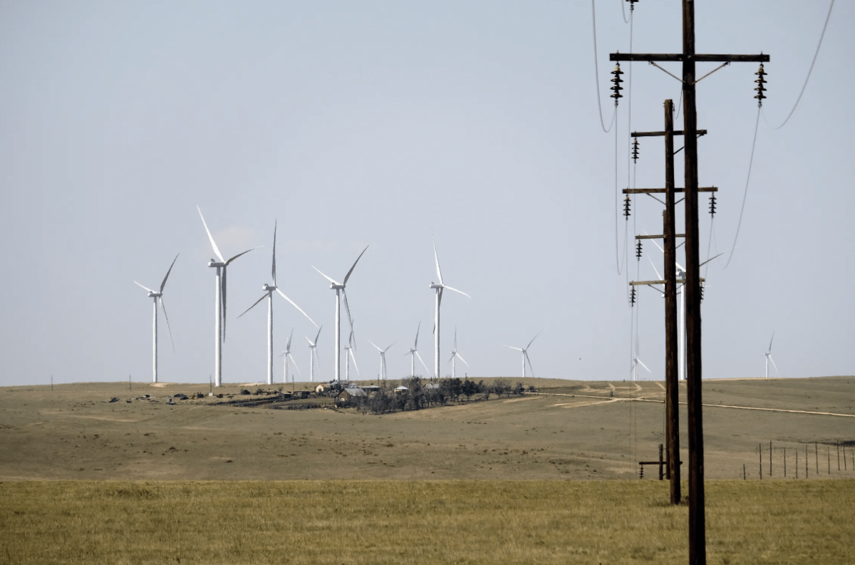 Wind turbines on a grassy plain with utility poles in the foreground.