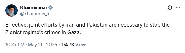 Iran's Supreme Leader Ayatollah Ali Khamenei's X post.