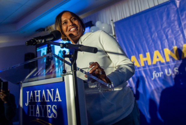 U.S. Rep. Jahana Hayes talks to supporters at the Courtyard Waterbury as she waits for election results to come in on Tuesday, Nov. 5, 2024. (Aaron Flaum/ Hartford Courant)
