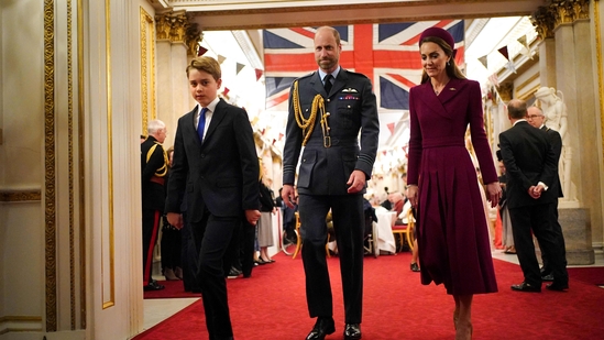 (From L) Britain's Prince George of Wales, Britain's Prince William, Prince of Wales and Britain's Catherine, Princess of Wales arrive for a tea party organised for Second World War veterans at Buckingham Palace on May 5, 2025 to celebrate the 80th anniversary of VE Day.(AFP)
