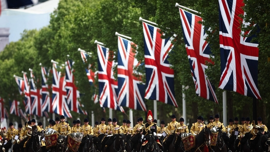 Members of the armed forces parade down The Mall, in central London on May 5, 2025 during an armed forces procession to celebrate the 80th anniversary of VE Day also known as Victory in Europe Day, marking the end of the Second World War in Europe.(AFP)