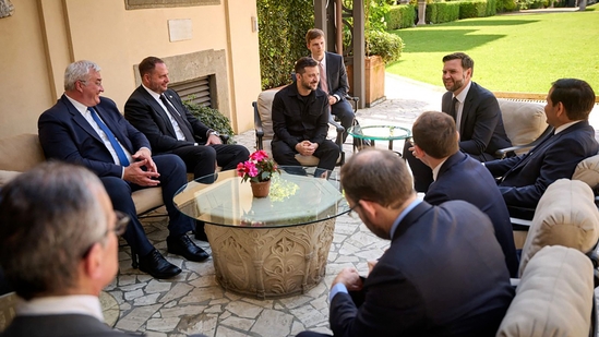 Ukrainian Presidential press-service on May 18, 2025 shows the President Volodymyr Zelensky (C-L),Vice President of the United States JD Vance (C) and U.S. Secretary of State Marco Rubio (C-R) talking during their meeting in Rome. (AFP)