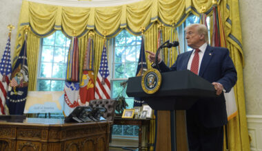 President Donald Trump speaks to reporters after David Perdue was sworn in as U.S. Ambassador to Ch...