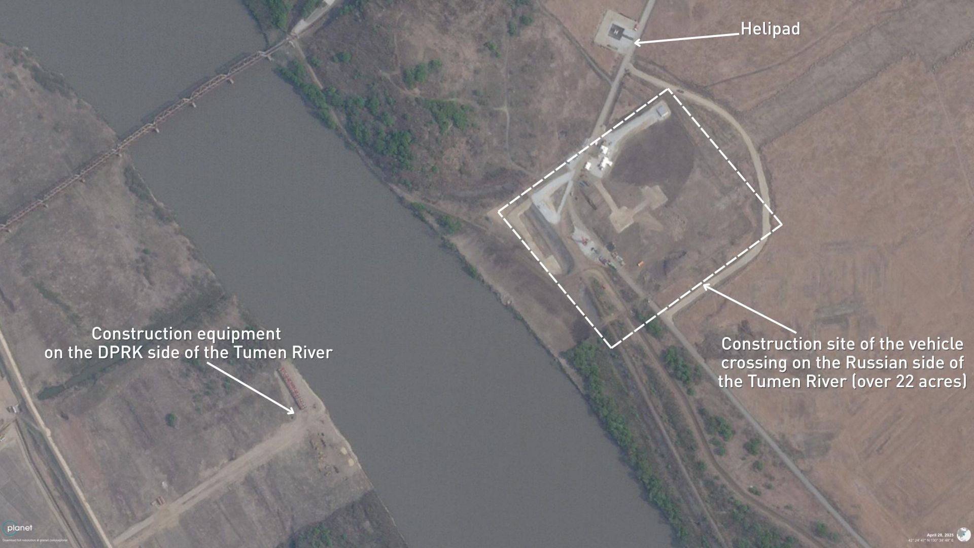 Satellite imagery taken on 28 April shows construction site and equipment gathered around Tumen river on both – Russian and North Korean sides – with a nearby helipad also spotted in the area