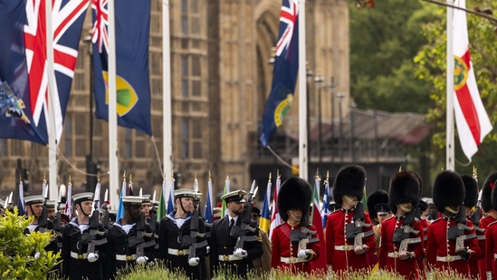 Members of the British Armed Forces participate in the VE Day 80 procession as they pass the Houses of Parliament in London, UK, on Monday, May 5, 2025(Bloomberg)