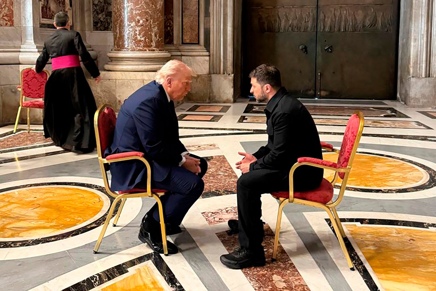 Volodymyr Zelenskyy and Donald Trump talk as they attend the funeral of Pope Francis in Vatican