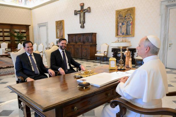 Pope Leo XIV meets with Vice President JD Vance, center, and Secretary of State Marco Rubio, left