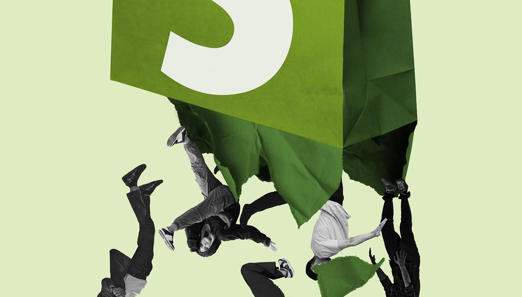 Employees fall out of the bottom of a shopping back which is also Shopify's logo.
