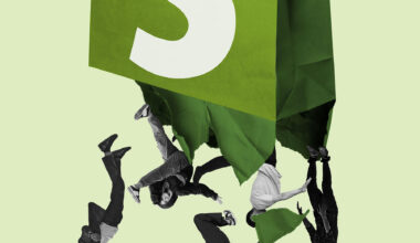 Employees fall out of the bottom of a shopping back which is also Shopify's logo.