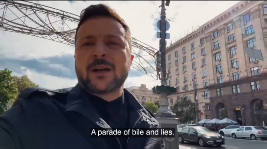 In an epic street rant in central Kyiv, Zelensky calls Putin's May 9th propaganda festival "bile and lies" while greeting passersby. May 8, 2025