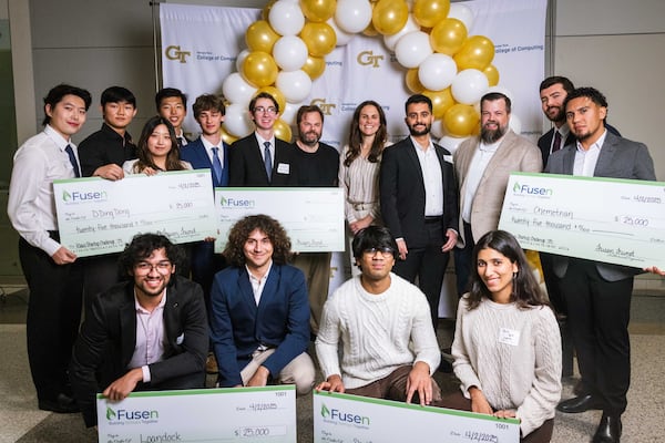 Christopher Klaus (center) with fellow judges and the winning teams of the 2025 Klaus Startup Challenge hosted by the College of Computing at Georgia Tech.
Courtesy of Kevin Beasley