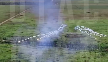 Over eastern Ukraine, a Ukrainian Mi-24 Hind helicopter nearly shoots down a friendly JTAC drone with a salvo of Hydra rockets. (reupload, messed the title up)