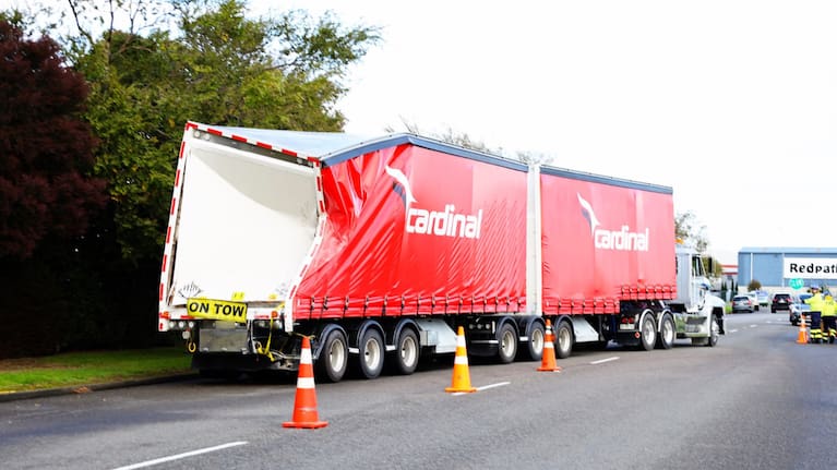A truck damaged following a collision with a bus in Palmerston North.