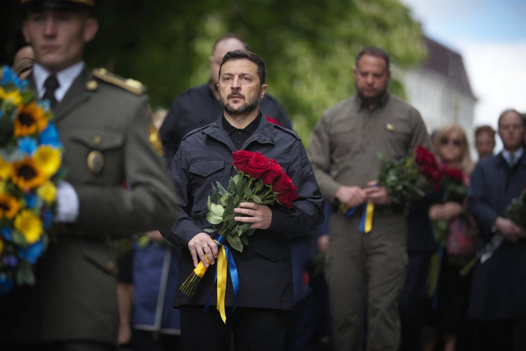 Ukrainian President Volodymyr Zelensky attends a ceremony to commemorate the fallen of World War II in Kyiv on Thursday. Photo: Ukrainian Presidential Press Service via AFP
