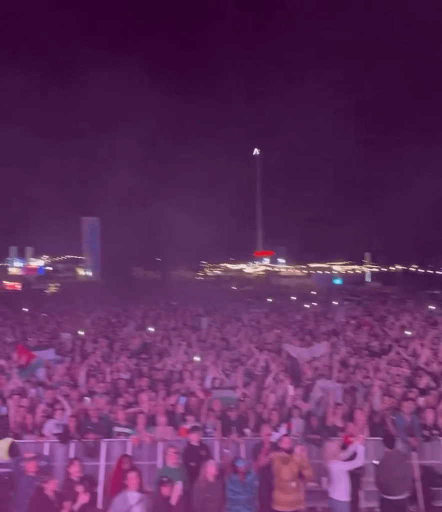 Crowd chanting Free Palestine at Wide Awake Festival