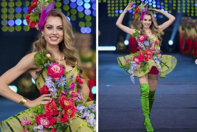 Een en al fleurigheid: Miss België toont nationaal kostuum tijdens Miss World-verkiezing