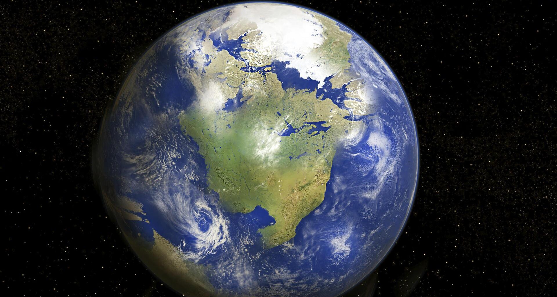 Ansicht der Erde aus dem Weltraum mit Kontinenten, Ozeanen und wirbelnden weißen Wolken vor der Schwärze des Weltraums