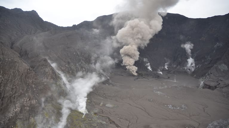 Ash emission from the active vent which is feeding the steam and gas plume.
