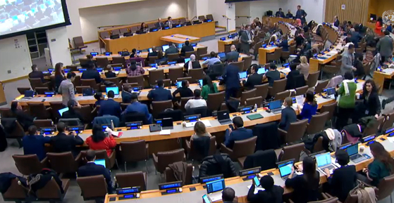 The UN General Assembly Third Committee adopts the North Korean human rights resolution by consensus in November 2023. [SCREEN CAPTURE]