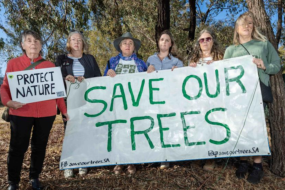 Protesters against the Tesla Battery Factory plans for Chestnut Court Reserve holding a 'save our trees' sign.